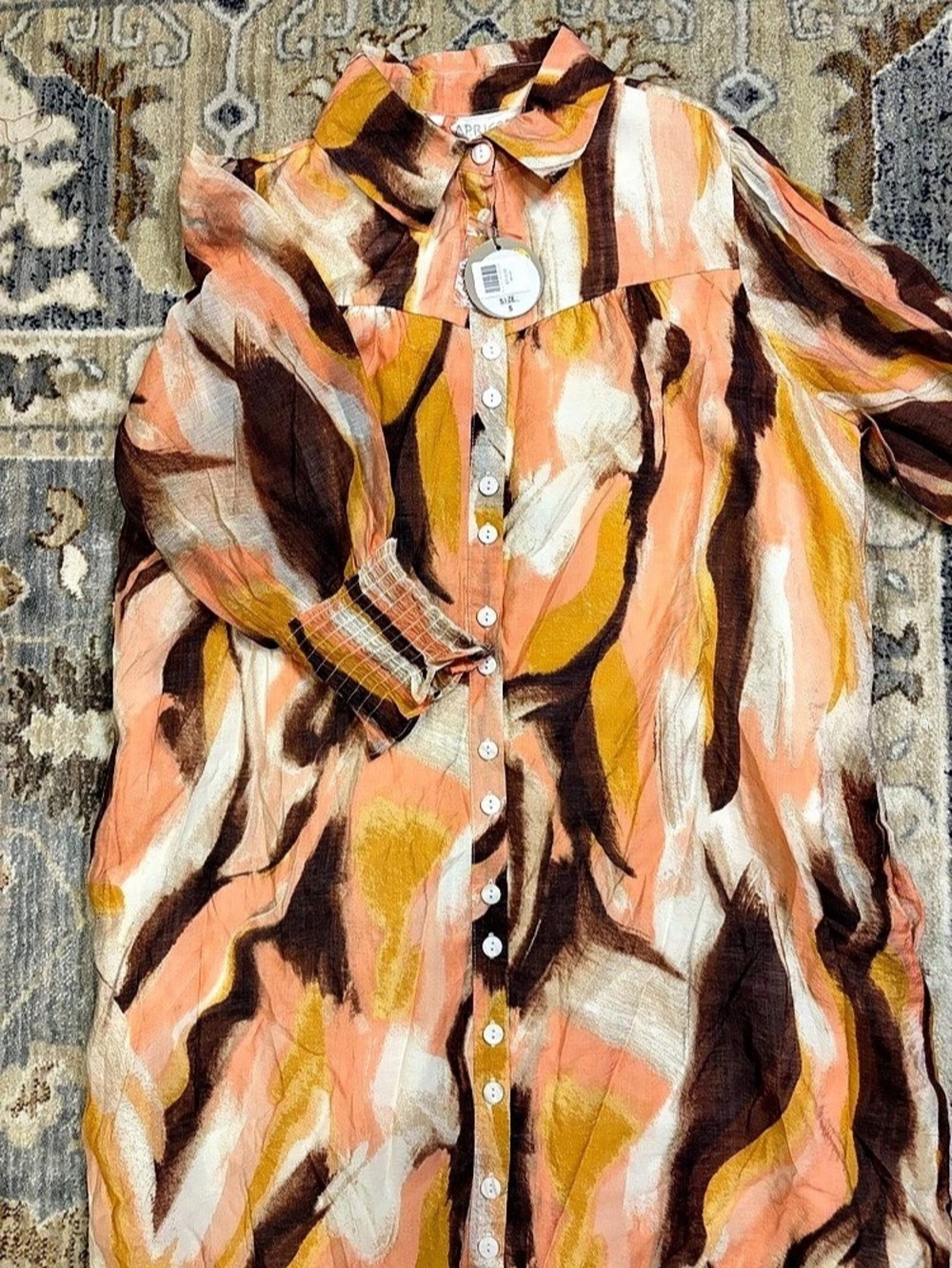 NWT Apricot Abstract Print Smocked Cuffs Shirt Dress